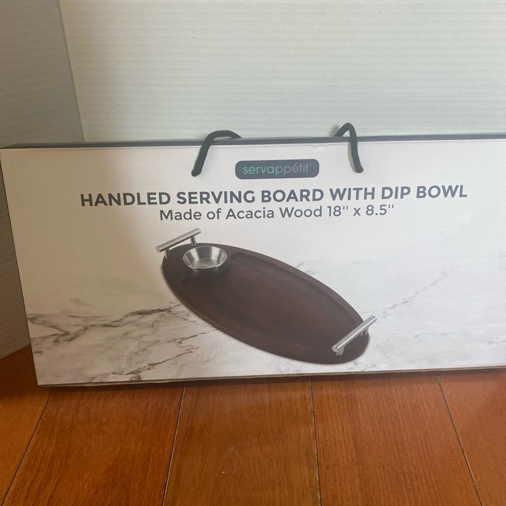 Acacia Wood Serving Board with Dip Bowl - Brown 18x8.5” new w/ handles